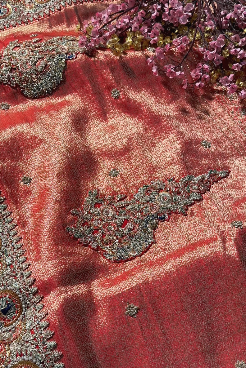 Orange Banarasi Silk Unstitched Saree with Dupatta Embellished with Moti & Zari Work